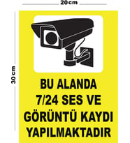 Metal Bu Alanda 7 24 Ses Ve Görüntü Kaydı 20cm x 30cm A4 Büyüklüğünde Uyarı Levhası Yönlendirme
