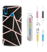 Huawei P20 Lite Mate 10 20 Lite Pro P40 Lite KılıfKablo Koruma Spiral Silikon Pembe Şeritli Mermer 1312