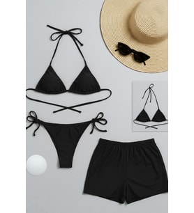 Mulvxbrf Brf02 Kadın 3'Lü Set Siyah Şortlu Ve Yandan Bağlamalı Bikini Mayo Takımı (Mulvix)
