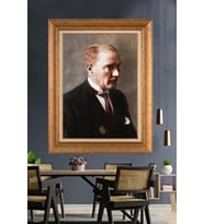 Altın Varaklı Çerçeveli Paspartulu Atatürk Tablo nh383 (Gold)