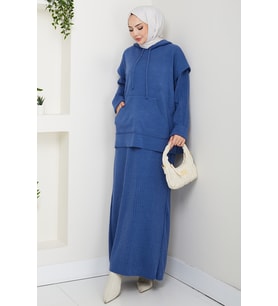 Kapüşonlu Tunik Elbise Triko Takım 1645 - Mavi