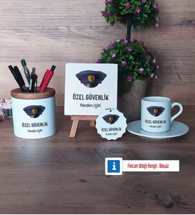 Özel Güvenlik Görevlisi Hediye Seti Dekoratif Taş, Kalemlik, Ahşap Altlıklı Türk Kahvesi Fincanı, Ahşap Anahtarlık Hediye (Model 2)