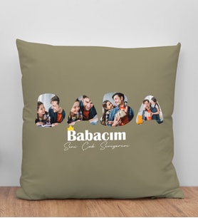 BK Gift Kişiye Özel Fotoğraflı Babalar Günü Tasarımlı Haki Kırlent Yastık-1 Babaya Hediye, Ev Dekorasyonu, Babalar Günü Hediyesi
