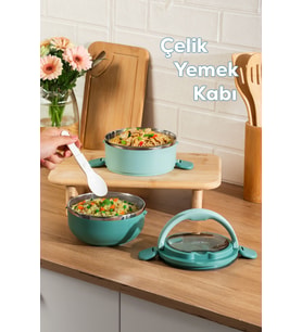 Porsima 66732-2 Stainless Steel Vakumlu Lunch Box İki Katlı Paslanmaz Çelik Kolay Kilitlenir Kendinden Kaşıklı Sefer Tası – 1000ml Yeşil