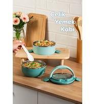 Porsima 66732-2 Stainless Steel Vakumlu Lunch Box İki Katlı Paslanmaz Çelik Kolay Kilitlenir Kendinden Kaşıklı Sefer Tası – 1000ml Yeşil