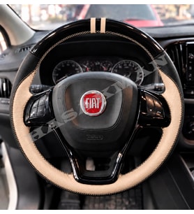 Fiat Doblo 4 Dikme Direksiyon Kılıfı Parlak Siyah Bej Detaylı Bej Çift Yüzük ve Dikiş 2015-2022