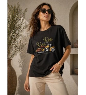 Motosiklet Baskılı Tişört Bisiklet Yaka Kısa Kol Yazlık T-Shirt - Siyah