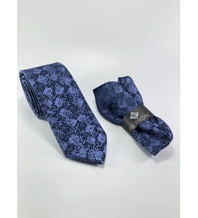 PİERRONİ LACİVERT MAVİ DESEN MENDİLLİ KRAVAT