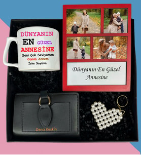 Anneler Gününe Özel 4 Fotoğraflı Kolaj Çerçeve Çay ve Nescafe Lüx Fincan Bayan Cüzdan İnci Anahtarlık Hediye Seti