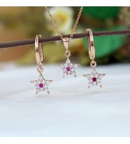 Kırmızı Beyaz Taşlı Minimal Yıldız Gümüş Kolye Küpe Takım