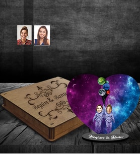 Kişiye Özel Uzay Arkadaş Karikatürlü Ahşap Biblo Kutulu  Model  -1