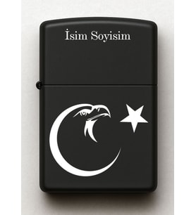 Kartal Ay Yıldız Desenli Kişiye Özel İsimli Siyah Benzinli Metal Çakmak