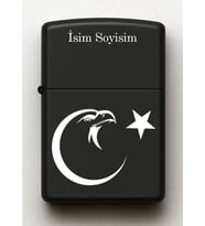 Kartal Ay Yıldız Desenli Kişiye Özel İsimli Siyah Benzinli Metal Çakmak