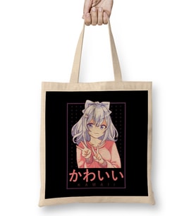 Cute Kawaii Anime Girl Japanese Manga Lettering Bez Çanta Uzun Saplı