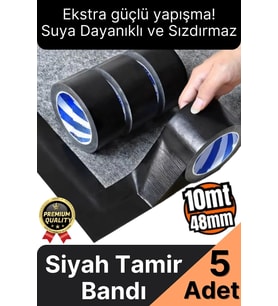5 Adet Ekstra Güçlü Dayanıklı Su Geçirmez Sızdırmaz Yalıtım İzolasyon Siyah Tamir Bandı 10 Mt 48 Mm