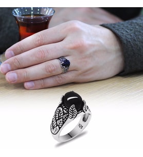 Oval Oniks Taşlı Modern Tasarım 925 Ayar Gümüş Erkek Yüzük (Çok Renkli)