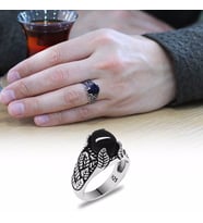 Oval Oniks Taşlı Modern Tasarım 925 Ayar Gümüş Erkek Yüzük (Çok Renkli)