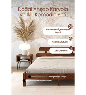 Lotus Model Masif Ahşap Karyola ve 2 Adet Komodin Kolay Kurulum Fırınlanmış İthal Sibirya Çamı 150x200 Yatak Uyumlu 2 Adet Komodin