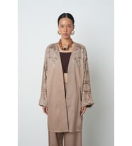 Kadın Yakası Ve Kolları Boncuk İşlemeli Oversize Uzun Kimono (Bej)