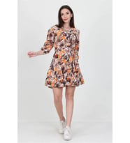 Neşeli butik kadın camel v yaka bağlama detaylı çiçekli mini elbise NB10029