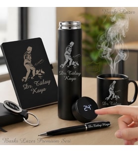 İsme Özel Premium Tasarım Mustafa Kemal Atatürk Logo Seçeneğiyle Dereceli Çelik Termos,  Kupa Bardak, Defter, Kalem, Anahtarlık  Erkek Kadın Hediye Seti