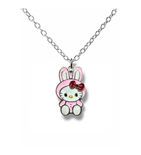 Tavşan Kostümlü Hello Kitty Figürlü Kolye – 60 cm Zincirli Sevimli Karakter Takı (Gümüş)