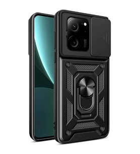 Xiaomi Mi 13T Kılıf Yüzüklü Standli Sürgülü Kamera Korumalı Tank Sert Silikon Kapak (Siyah)
