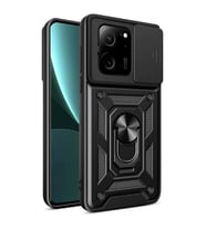 Xiaomi Mi 13T Kılıf Yüzüklü Standli Sürgülü Kamera Korumalı Tank Sert Silikon Kapak (Siyah)
