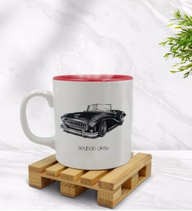 BK Gift Kişiye Özel Retro Otomobil Tasarımlı İçi Kırmızı Renkli Kupa Bardak Model 1