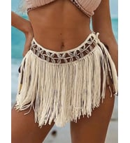 Giyim Ekru Bikini Üstü Deniz Kabuklu Püsküllü Pareo,beachwear,bikini Üstü El Emeği Plaj Eteği,bohem