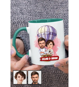 Eşe Hediye Uçan Balon Temalı Karikatürlü Yeşil Kupa Bardak