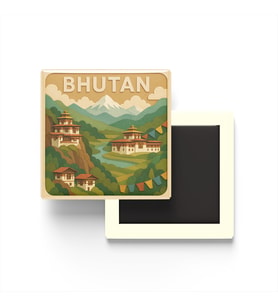 Butan - Bhutan - Paper Cut Art - Baskılı Buzdolap Magneti Kare - 9x9 cm