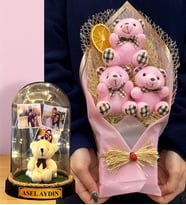 Size Özel 3 Fotoğraflı İsimli Led Işıklı Fanus ve Büyük Boy Pembe Ayıcık Buketi (Model 1)