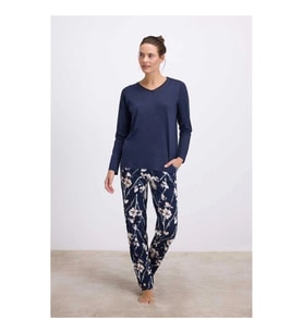 Arias Closet Çiçek Desenli Uzun Kollu T-Shirt ve Pantolon Pijama Takımı (Lacivert)
