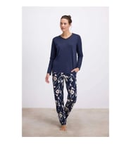 Arias Closet Çiçek Desenli Uzun Kollu T-Shirt ve Pantolon Pijama Takımı (Lacivert)