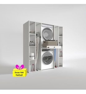 Kenzlife çamaşır-kurutma makinesi dolabı sadra byz 187*170*60 çekmeceli raflı + tekli duvar rafı hediye (Beyaz)