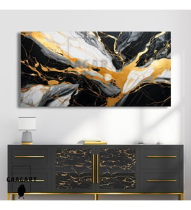 Panoramik Kanvas Duvar Tablosu Soyut Gold Siyah Mermer Deseni
