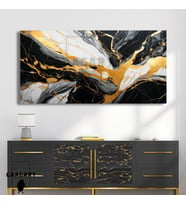 Panoramik Kanvas Duvar Tablosu Soyut Gold Siyah Mermer Deseni