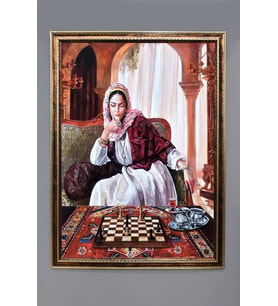 Satranç Oynayan Kadın Desenli Dijital Baskılı Kadife Kumaş Çerçeveli Tablo TBL0064 (Çok Renkli)