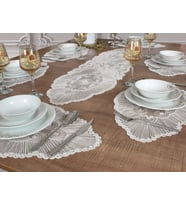 Amerikan Servis Supla ve Runner Seti 6 Kişilik Nakışlı Kırık Beyaz Venice 7 Parça Masa Ve Sunum Takımı Venice6'lı Kırık Beyaz Set, 1 Runnerlı Set Venice Çeyizlik Takımı
