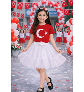 Kız Çocuk Ay Yıldız Desenli Kırmızı Tişört Okul Bayram Etkinlik 3-14 Yaş