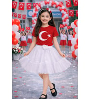 Kız Çocuk Ay Yıldız Desenli Kırmızı Tişört Okul Bayram Etkinlik 3-14 Yaş