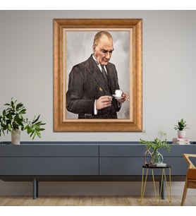 Altın Paspartulu Atatürk  Çerçeveli Tablo C653 (Gold)