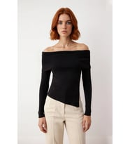 Kadın Fitted Carmen Yaka Düz İnce Triko Bluz Uzun Standart Kol Şık Tasarım Günlük Ve Gece Kombinleri
