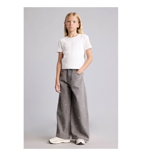 Defacto 90's Wide Leg Desenli Açık Gri Kız Çocuk Jean Pantolon I4476A8/NM18