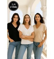 Kadın 3'lü Paket Siyah-beyaz-bej Viskon Ön Arka V Yakalı T-shirt Yarasa Kol Relaxed Bluz