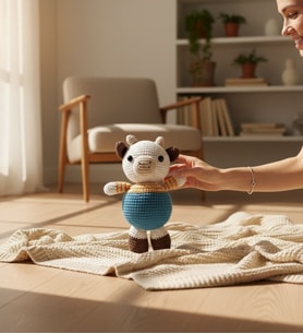 Oyun ve Uyku Arkadaşı El İşi Amigurumi Peluş Oyuncak İnek