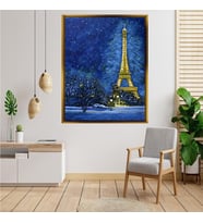Tablore Gece Karlı Eyfel Kulesi Paris Manzaralı Tablo Gece Mavisi Yağlıboya Görünümlü Duvar Dekoru