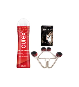 Durex Çilek Hazzı 50 ml Jel + Kırmızı Deri El ve Ayak Kelepçesi + Hediye