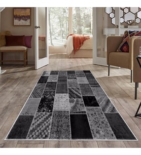 Gri Patchwork  kırkyama Desenli Yıkanabilir Kaymaz Taban Leke Tutmaz Modern Salon Halısı ve Yolluk (Antrasit)